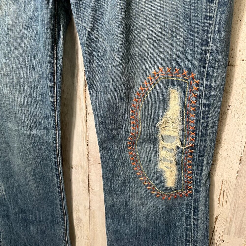 Vintage Y2k July 25 Patchwork Boho Embroidered Distressed Flare Jeans Womens 31 - Picture 2 of 7